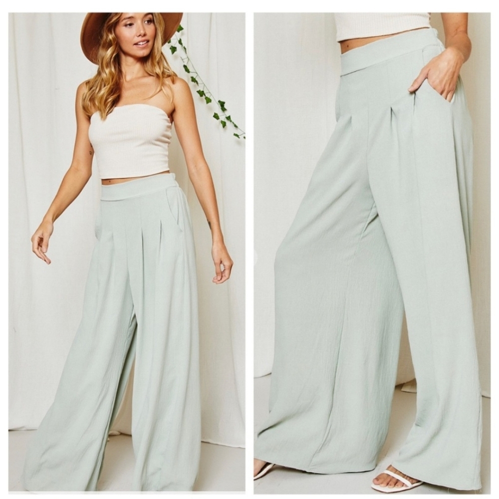 Mint Green Bohemian Wide-Leg Pants